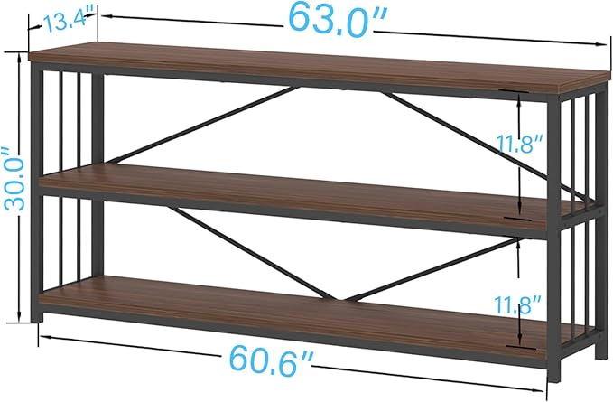 IBF Walnut Low Wide Bookcase, Vintage 63 Inch Long 3 Tier Open Book Shelf, Farmhouse Big Wood Metal sturdy Bookshelf Display Case, Simple Large Etagere Bookshelves for Home Living Room Office Bedroom - LeafyLoom