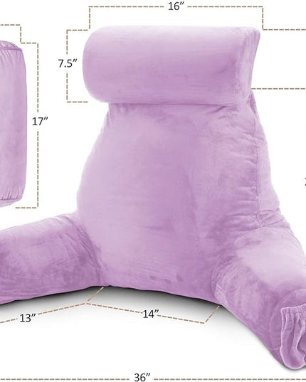 Nestl Reading Pillow with Portable Laptop Lap Desk, Velvet Feel Back Pillow for Sitting in Bed, Shredded Memory Foam Back Support Pillow for Bed, Bed Rest Pillow with Arms, Large - Lavender - LeafyLoom