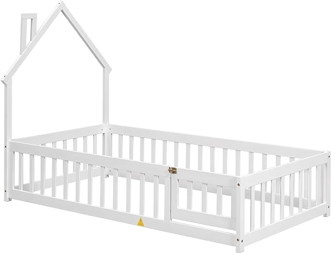 Twin Size Kids Montessori Floor Bed,House-Shaped Headboard Floor Bed for Kids,Floor Bed with Fence and Door,House Bed Twin Frame for Girls,Boys(Twin,White) - LeafyLoom