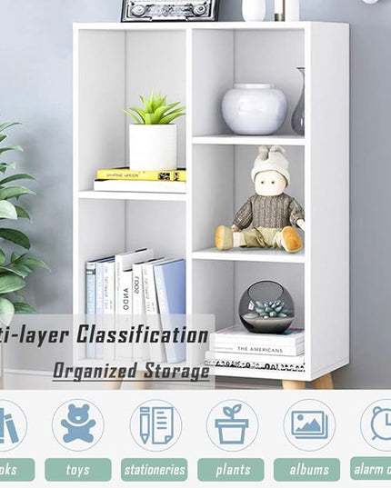 IOTXY Wooden Open Shelf Bookcase - 3-Tier Floor Standing Display Cabinet Rack with Legs, 5 Cubes Bookshelf, Warm White - LeafyLoom