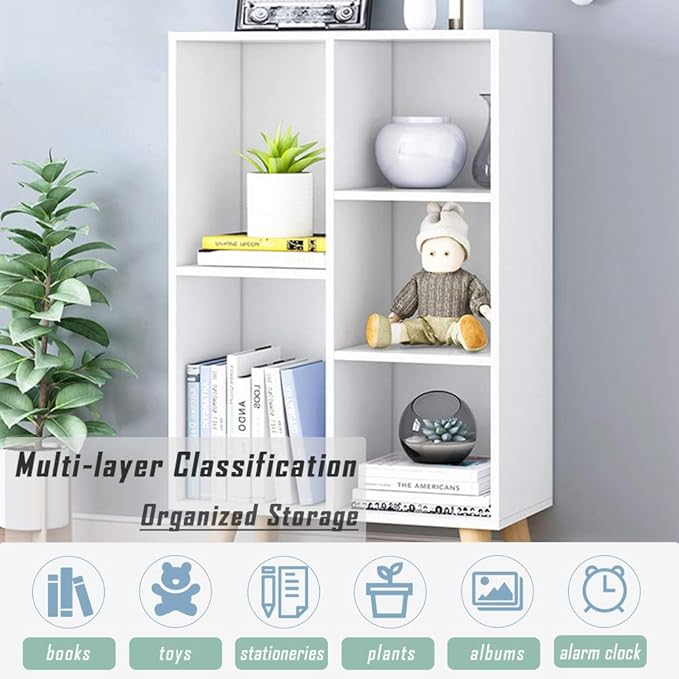 IOTXY Wooden Open Shelf Bookcase - 3-Tier Floor Standing Display Cabinet Rack with Legs, 5 Cubes Bookshelf, Warm White - LeafyLoom