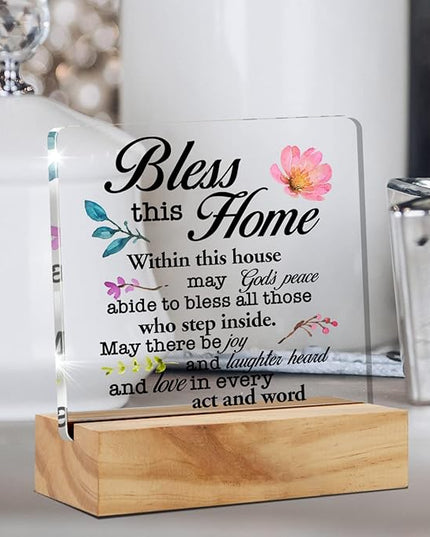 Inspirational House Warming Gifts Home Bless this Home Quote Desk Decor House Blessing Religious Acrylic Desk Plaque Sign with Wood Stand Home Office Desk Sign Keepsake - LeafyLoom