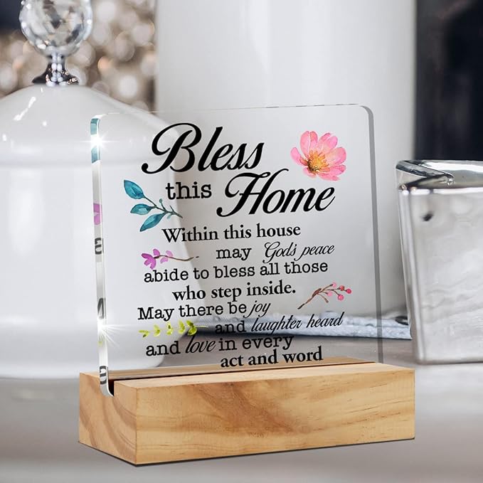 Inspirational House Warming Gifts Home Bless this Home Quote Desk Decor House Blessing Religious Acrylic Desk Plaque Sign with Wood Stand Home Office Desk Sign Keepsake - LeafyLoom