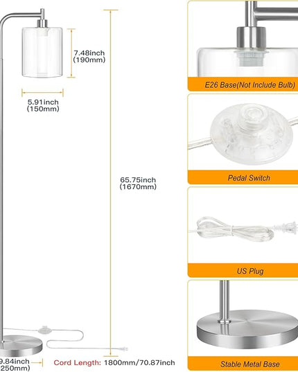 MAXvolador Industrial Floor Lamp, Modern Standing Lamp with Hanging Clear Glass Shade, Classic Reading Tall Pole Light for Living Room, Brushed Nickel - LeafyLoom