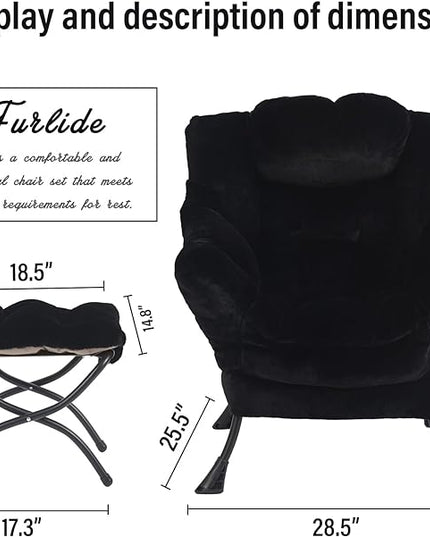 Lazy Chair with Ottoman, Modern Chair with Folding Footrest, Lounge Accent Chair, Comfortable Reading Chair for Bedroom, Study, Living Room, Small Space (Plush Black) - LeafyLoom