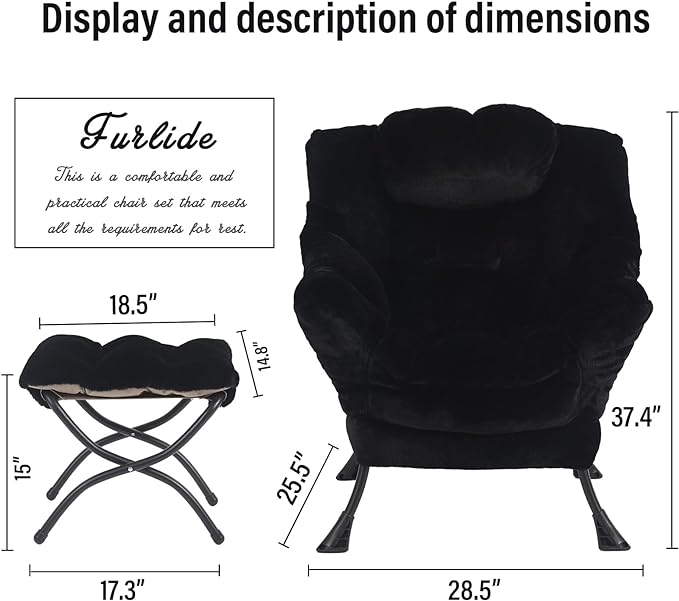 Lazy Chair with Ottoman, Modern Chair with Folding Footrest, Lounge Accent Chair, Comfortable Reading Chair for Bedroom, Study, Living Room, Small Space (Plush Black) - LeafyLoom
