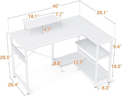 ODK 40 Inch Small L Shaped Computer Desk with Reversible Storage Shelves, L-shaped Corner Desk with Monitor Stand for Small Space, Modern Simple Writing Table for Home Office Workstation, White - LeafyLoom