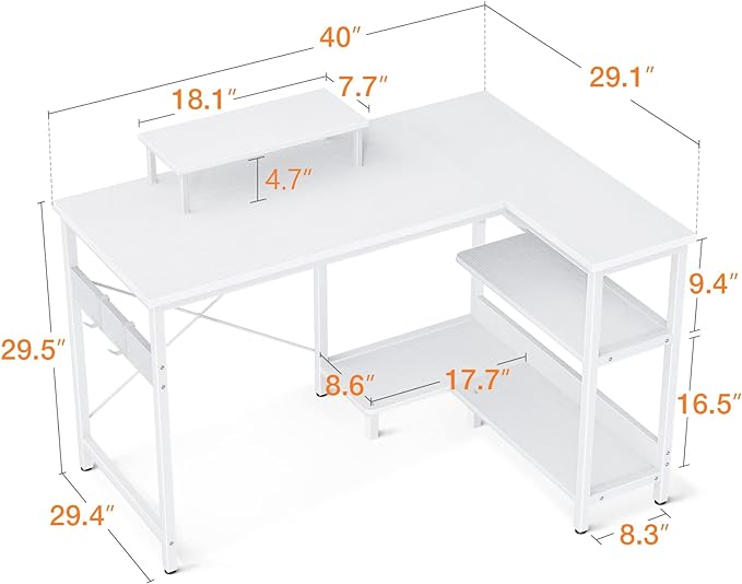 ODK 40 Inch Small L Shaped Computer Desk with Reversible Storage Shelves, L-shaped Corner Desk with Monitor Stand for Small Space, Modern Simple Writing Table for Home Office Workstation, White - LeafyLoom