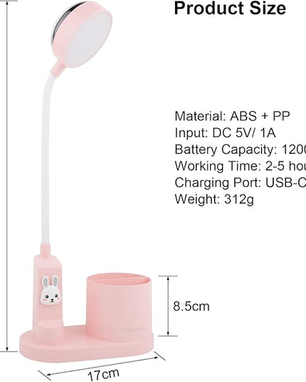 Cute Kids Desk Lamp 2000mAh Rechargeable Kawaii Desk Lamp with Star Projection/Pen Holder, Aesthetic Kids Bedside Lamp with Flexible Gooseneck/ 3 Level Brightness/Eye-Caring for Reading, Pink - LeafyLoom