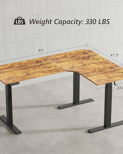 BANTI Triple Motors 63" L Shaped Standing Desk Height Adjustable, Electric Stand up Corner Desk, Sit Stand Home Office Desk Computer Workstation with Memory Preset, Rustic Brown Top - LeafyLoom