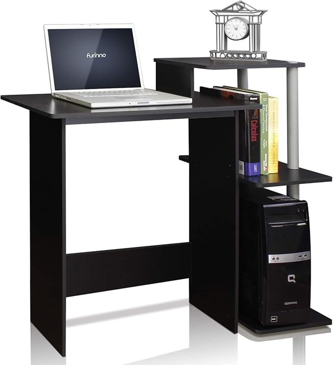 Furinno Efficient Home Laptop Notebook Computer Desk with Square Shelves, Solid Black/Grey - LeafyLoom