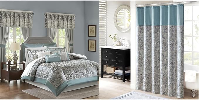 Madison Park 24 Piece Teal Paisley Queen Comforter Set with Matching Curtains and Aubrey 72x72 Teal Paisley Shower Curtain - LeafyLoom