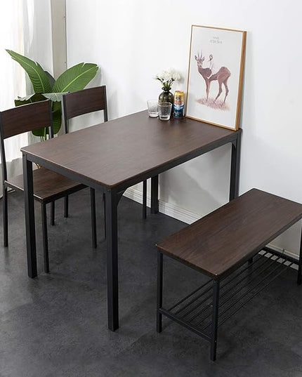 SDHYL Dining Table Set for 4, 43" Dining Room Table with Two Chairs and One Bench, 4 Pieces Set Table Top with Metal Legs in Living Room, Dining Room, Space Saving Kitchen Table Set, Walnut - LeafyLoom