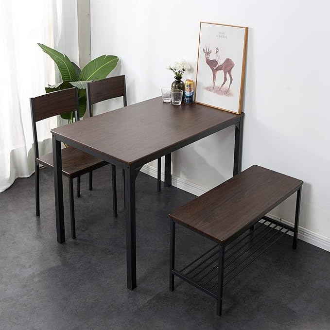 SDHYL Dining Table Set for 4, 43" Dining Room Table with Two Chairs and One Bench, 4 Pieces Set Table Top with Metal Legs in Living Room, Dining Room, Space Saving Kitchen Table Set, Walnut - LeafyLoom
