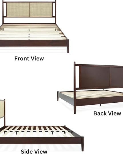 Bme Oliver King Bed Frame and Headboard - 15-Inch Signature Design with Rattan Headboard, Bohemian and Mid Century Style, 12-Slat Wood Support, No Box Spring Needed - Easy Assembly, Walnut - LeafyLoom