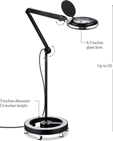 Brightech Lightview Pro Magnifying Glass with Stand & Light, Magnifying Floor Lamp with 6-Wheel Rolling Base for Facials & Lashes – Dimmable LED Work Light for Crafts, Sewing, and Projects - 5 Diopter - LeafyLoom