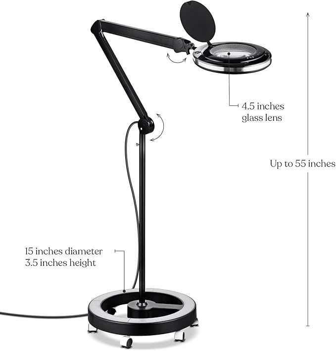 Brightech Lightview Pro Magnifying Glass with Stand & Light, Magnifying Floor Lamp with 6-Wheel Rolling Base for Facials & Lashes – Dimmable LED Work Light for Crafts, Sewing, and Projects - 5 Diopter - LeafyLoom