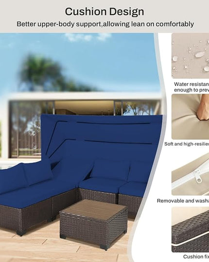 6 PCS Outdoor Patio Furniture Set,Sectional Sofa Set,Rattan Daybed with Retractable Canopy,Adjustable Backrest,Storage Coffee Table,Chaise Chair Sunbed for Garden Poolside Backyard(Dark Blue) - LeafyLoom