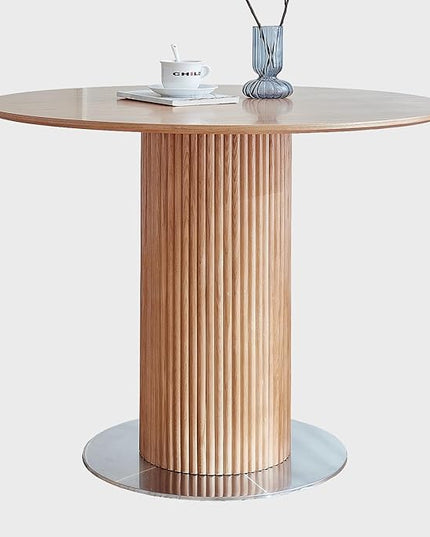 Round Wood Dining Table，Wooden Trestle Pedestal Base on Stainless Steel Plate，Small Space Kitchen Table，34.25" Modern Circular Tabletop for Kitchen, Dining Room, Restaurant，Cafe (Natural) - LeafyLoom