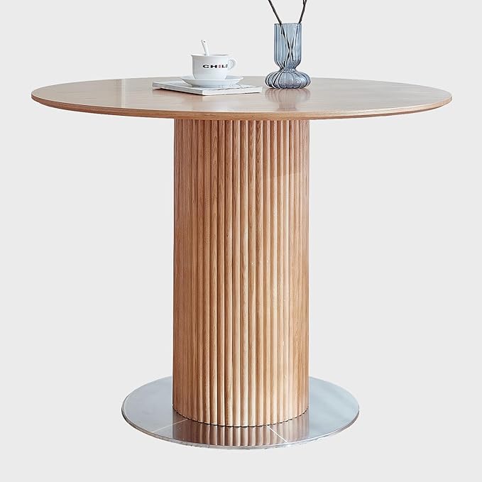 Round Wood Dining Table，Wooden Trestle Pedestal Base on Stainless Steel Plate，Small Space Kitchen Table，34.25" Modern Circular Tabletop for Kitchen, Dining Room, Restaurant，Cafe (Natural) - LeafyLoom