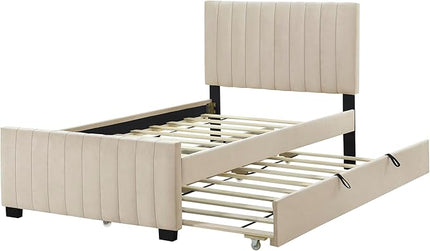 Twin Bed Frame with Trundle Bed,Velvet Upholstered Bed Frame,Twin Size Trundle Bed with Headboard,Upholstered Platform Bed Twin for Kids Teens Adults(Beige) - LeafyLoom