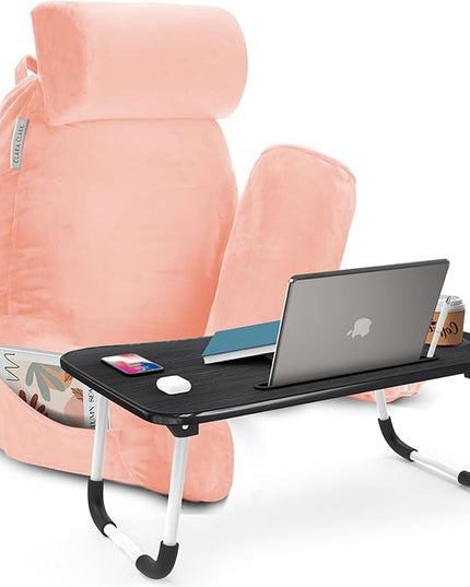 Clara Clark Reading Pillow with Portable Lap Desk for laptop Set, Back Pillow for Sitting Up in Bed, Memory Foam Back Support Pillow, Bed Rest Pillow with Foldable Laptop Desk, Large - Peach - LeafyLoom