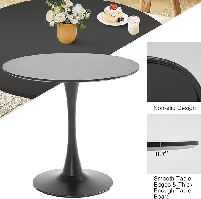 Black Round Dining Table, 31.5" Tulip Table Kitchen Round Dining Table for 2-4 People with MDF Table Top and Metal Pedestal Base, Mid-Century Leisure Table for Home, Dining Room, Cafe - LeafyLoom