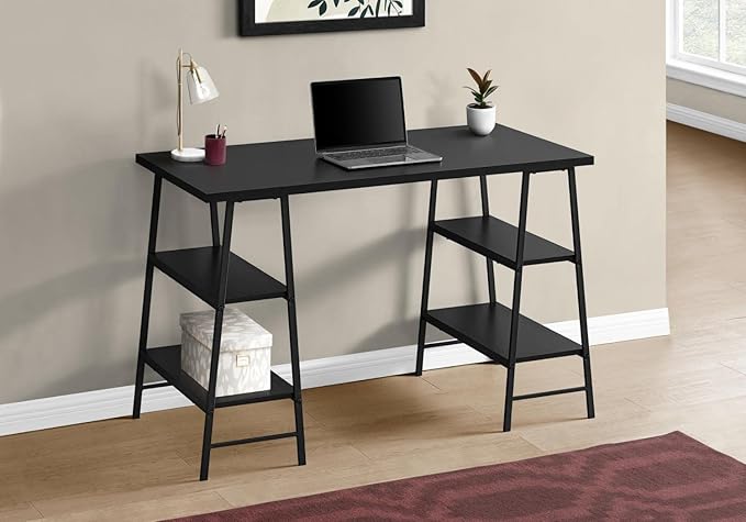 Monarch Specialties 7522 Computer Desk, Home Office, Laptop, Storage Shelves, 48" L, Work, Metal, Laminate, Black, Contemporary, Modern Desk-48, 47.25" L x 23.75" W x 30" H - LeafyLoom