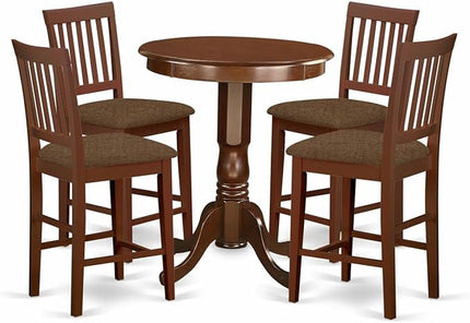 East West Furniture EDVN5-MAH-C Eden 5 Piece Counter Height Dining Set Includes a Round Wooden Table with Pedestal and 4 Linen Fabric Upholstered Chairs, 30x30 Inch - LeafyLoom
