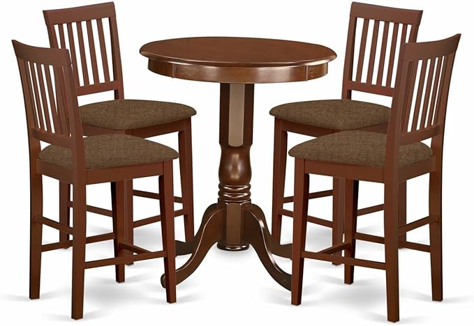 East West Furniture EDVN5-MAH-C Eden 5 Piece Counter Height Dining Set Includes a Round Wooden Table with Pedestal and 4 Linen Fabric Upholstered Chairs, 30x30 Inch - LeafyLoom