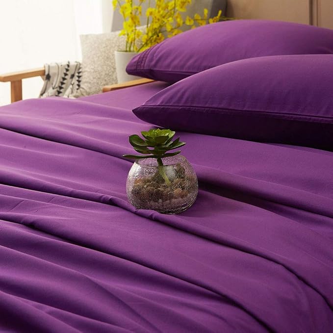 SONORO KATE Bed Sheet Set Super Soft Microfiber 1800 Thread Count Luxury Egyptian Sheets 16-Inch Deep Pocket Wrinkle -4 Piece(King Purple) - LeafyLoom