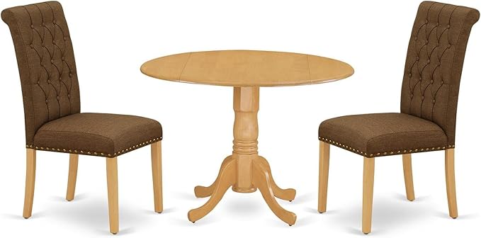 East West Furniture DLBR3-OAK-18 3 Piece Kitchen Table & Chairs Set Contains a Round Dining Table with Dropleaf and 2 Brown Linen Linen Fabric Upholstered Chairs, 42x42 Inch, Oak - LeafyLoom