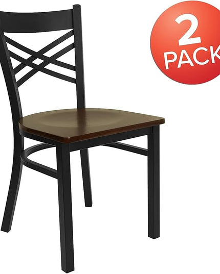 Flash Furniture 2 Pack HERCULES Series Black ''X'' Back Metal Restaurant Chair - Mahogany Wood Seat - LeafyLoom