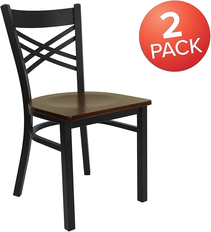 Flash Furniture 2 Pack HERCULES Series Black ''X'' Back Metal Restaurant Chair - Mahogany Wood Seat - LeafyLoom