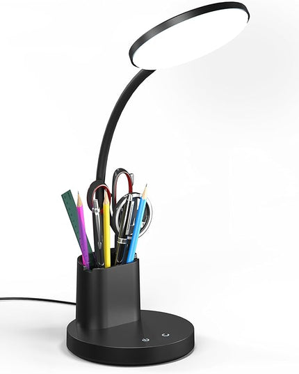 Desk Lamp, LED Desk Lamp for Home Office, Touch Table Lamp with 3 Color Modes 360° Adjustable Arm, Dimmable Desk Light with Pen Phone Holder, Black - LeafyLoom