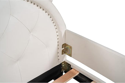 Twin Size Upholstered Daybed, Wooden Low Platform Bed Frame with Carton Ears Shaped Headboard, Rails for Kids Girls Boys, White - LeafyLoom