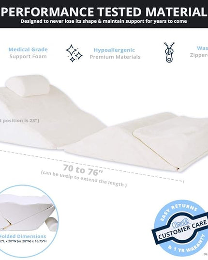 Contour BackMax Bed Wedge Lumbar Support System - Multi-Positional Back, Leg & Knee Elevation Pillows for Sleep & Recovery with Orthopedic Zero Gravity Weightless Comfort - Bonus Half Roll Neck Pillow - LeafyLoom