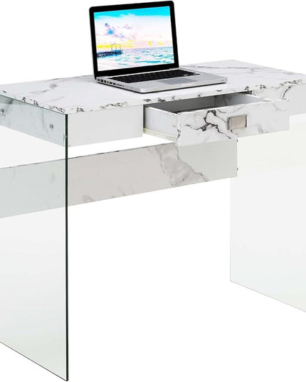 Convenience Concepts SoHo 1 Drawer Glass 36 inch Desk, White Faux Marble/Glass - LeafyLoom