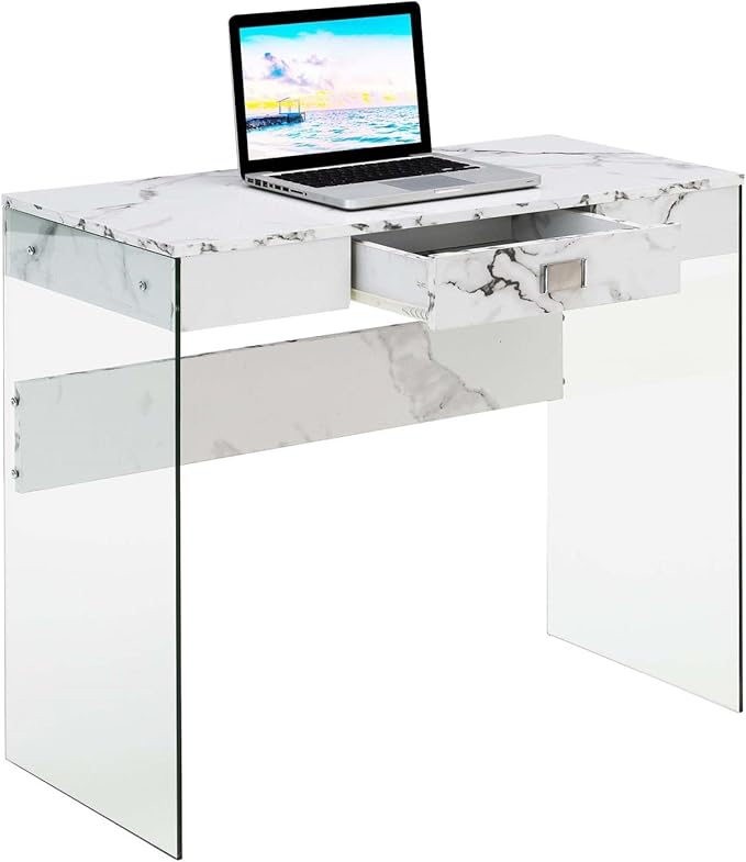 Convenience Concepts SoHo 1 Drawer Glass 36 inch Desk, White Faux Marble/Glass - LeafyLoom