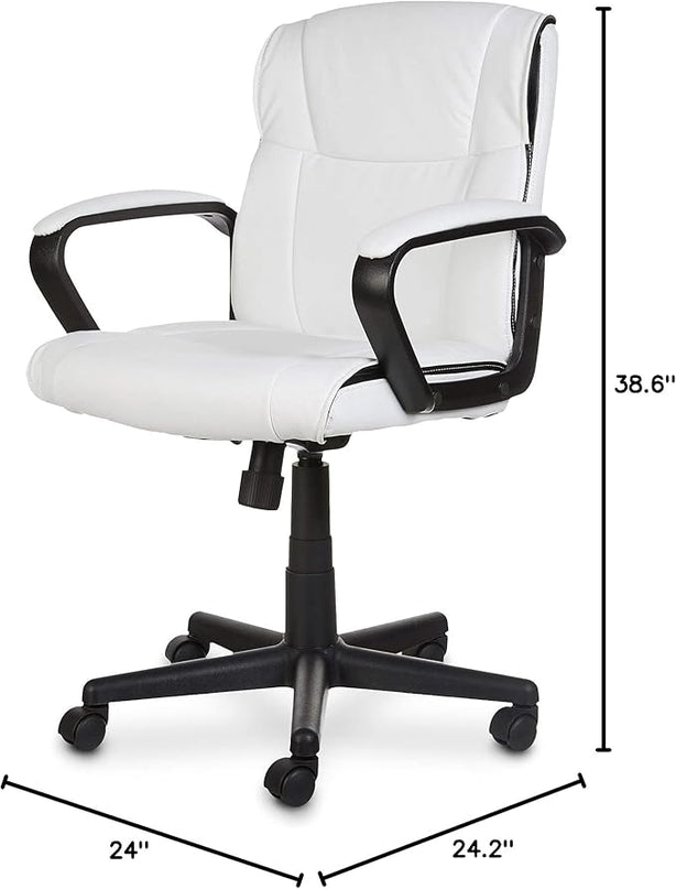Amazon Basics Office Computer Task Desk Chair with Padded Armrests, Mid-Back, Adjustable, 360 Swivel, Rolling, 275 Pound Capacity, 24.2"D x 24"W x 38.6"H, BIFMA Certified, White Faux Leather - LeafyLoom