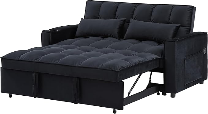 64" Oversized Loveseat Sofa Convertible Spacious Full Size Sleeper Sofabed with Pull Out Couch Bed,Cupholders,USB Charging Ports and Storage Pockets for Home Apartment Office Living Room - LeafyLoom