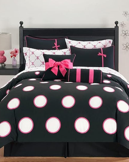 VCNY Home - Twin Bed in a Bag, 8-Piece Bedding Set with Matching Sheets & Bedskirt, Dorm Room Essentials, Cozy Chic Home Decor (Sophie Black/Pink, Twin) - LeafyLoom