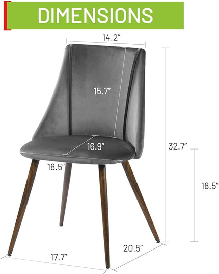 FurnitureR Dining Chairs Set of 2, Mid Century Side Chairs Large & Super Soft Velvet Seat Back Metal Legs for Kitchen, Dining Room, Bedroom, Living Room, Grey - LeafyLoom