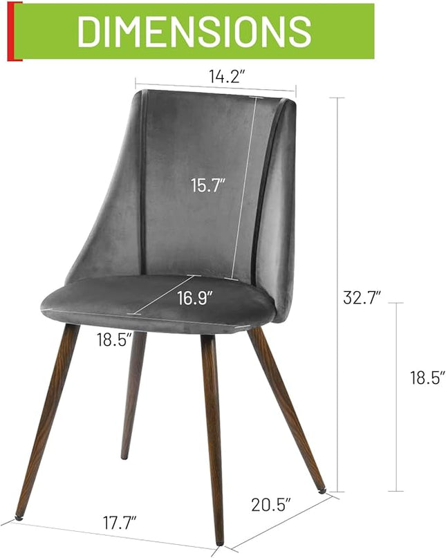 FurnitureR Dining Chairs Set of 2, Mid Century Side Chairs Large & Super Soft Velvet Seat Back Metal Legs for Kitchen, Dining Room, Bedroom, Living Room, Grey - LeafyLoom