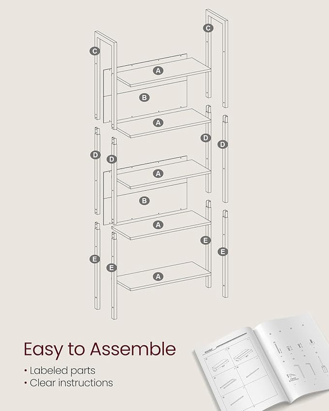 VASAGLE 5-Tier Bookshelf, Book Shelf, Industrial Bookcase, with Steel Frame, for Living Room, Home Office, Bedroom, 9.4 x 24.4 x 65 Inches, Camel Brown and Black ULLS025B50 - LeafyLoom