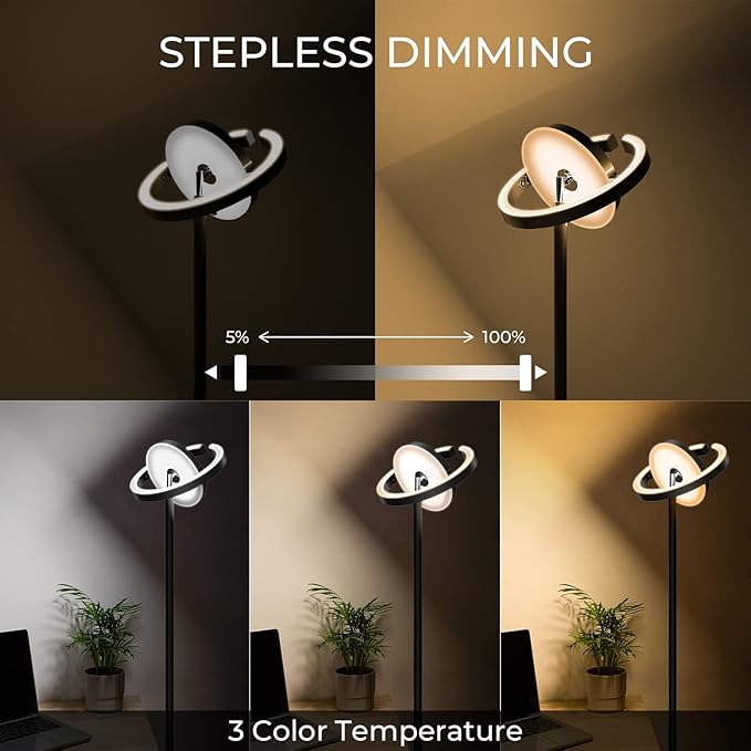 FIMEI Modern Floor Lamp, LED Bright Standing Lamp, Unique Rotatable Ring Design, Eye-Protecting Stepless Dimming, 3000K-6000K Color Temperatures, Touch/Remote Control, for Living Room Bedroom Office - LeafyLoom