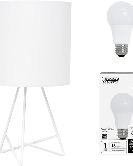 Simple Designs LT2066-WOW-LB 14" Down to The Wire Table Lamp for Bedroom, Living Room, Entryway, Office, White with White Shade, with Feit LED Bulb Included - LeafyLoom