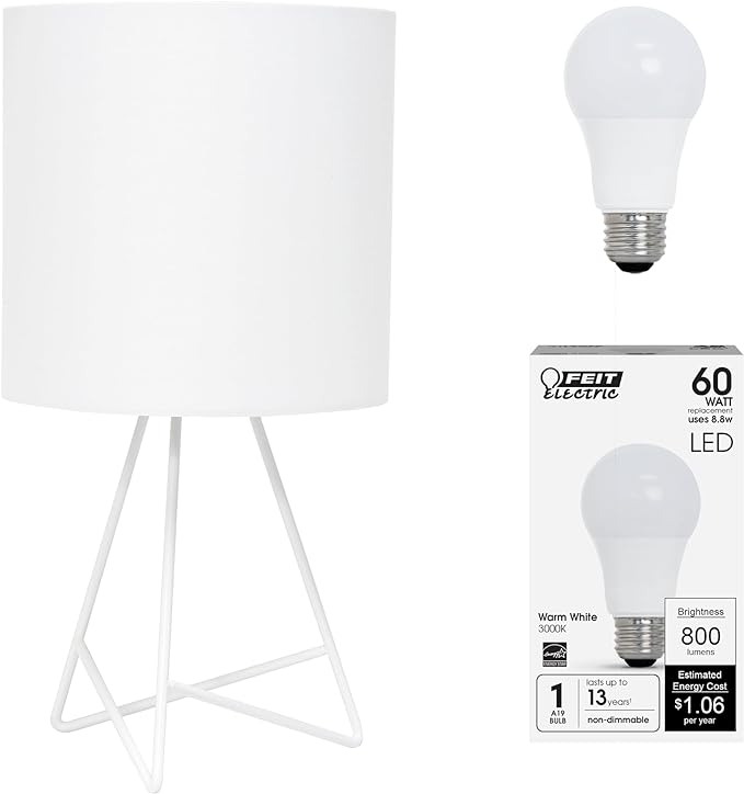 Simple Designs LT2066-WOW-LB 14" Down to The Wire Table Lamp for Bedroom, Living Room, Entryway, Office, White with White Shade, with Feit LED Bulb Included - LeafyLoom