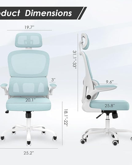 Soohow Ergonomic Home Office Chair, Mesh Desk Chair with Lumbar Support, Comfy Computer Desk Chair with Flip Armrest Rolling Wheels, Adjustable Headrest, Blue. - LeafyLoom