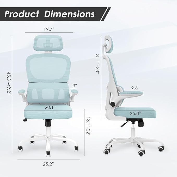 Soohow Ergonomic Home Office Chair, Mesh Desk Chair with Lumbar Support, Comfy Computer Desk Chair with Flip Armrest Rolling Wheels, Adjustable Headrest, Blue. - LeafyLoom